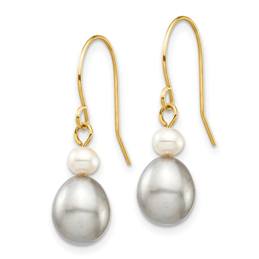 14K Yellow Gold 4-7mm White Grey Round Rice FWC Pearl Dangle Earrings