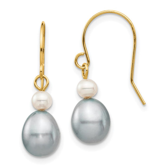 14K Yellow Gold 4-7mm White Grey Round Rice FWC Pearl Dangle Earrings