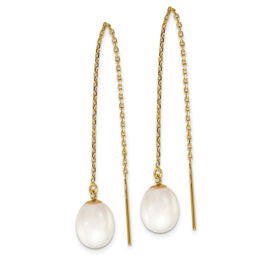 14K Yellow Gold 7-8mm White Rice FWC Pearl Cable Chain Threader Earrings