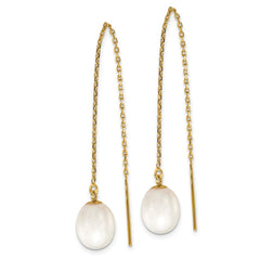 14K Yellow Gold 7-8mm White Rice FWC Pearl Cable Chain Threader Earrings