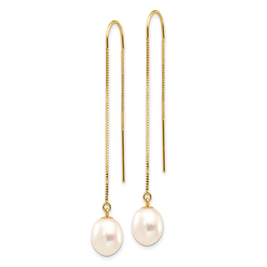 14K Yellow Gold 7-8mm White Rice FWC Pearl Box Chain Threader Earrings