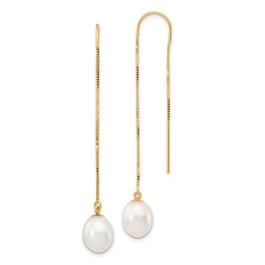 14K Yellow Gold 7-8mm White Rice FWC Pearl Box Chain Threader Earrings