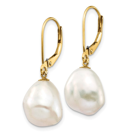 14K Yellow Gold 10x12mm White Keshi FWC Pearl Leverback Earrings