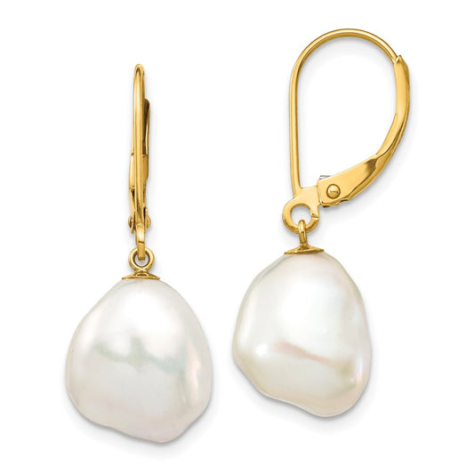 14K Yellow Gold 10x12mm White Keshi FWC Pearl Leverback Earrings