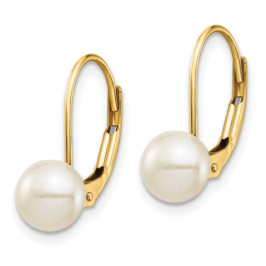 14K Yellow Gold 6-7mm White Button FWC Pearl Leverback Earrings