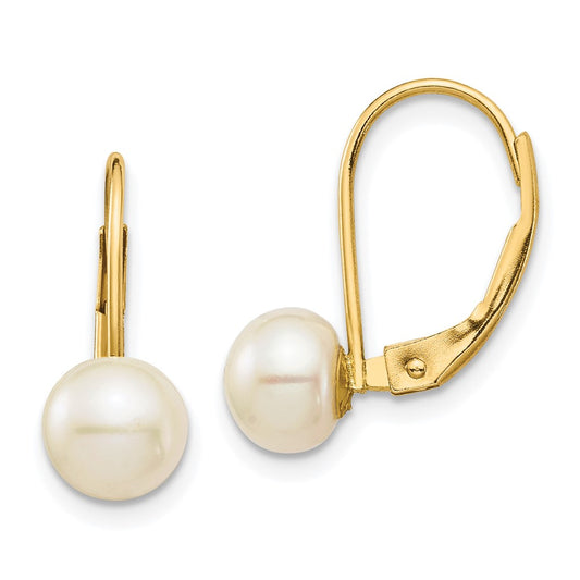 14K Yellow Gold 6-7mm White Button FWC Pearl Leverback Earrings