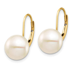 14K Yellow Gold 9-10mm White Button FWC Pearl Leverback Earrings