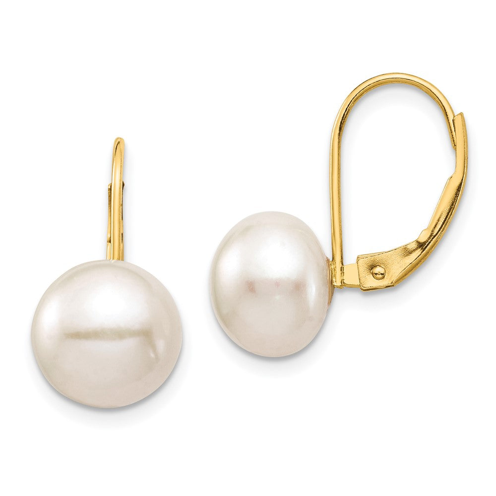 14K Yellow Gold 9-10mm White Button FWC Pearl Leverback Earrings