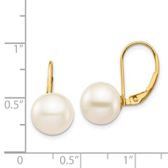 14K Yellow Gold 9-10mm White Round FWC Pearl Leverback Earrings