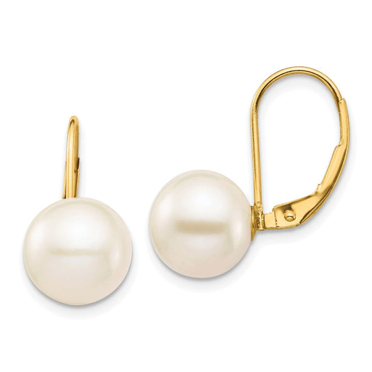 14K Yellow Gold 9-10mm White Round FWC Pearl Leverback Earrings