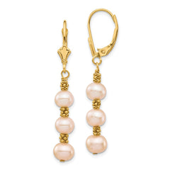 14K Yellow Gold 5-6mm Pink Semi-round Freshwater Culutured Pearl Leverback Earrings
