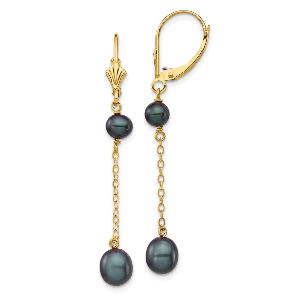 14K Yellow Gold 5-7mm Black Rice FWC Pearl Leverback Earrings