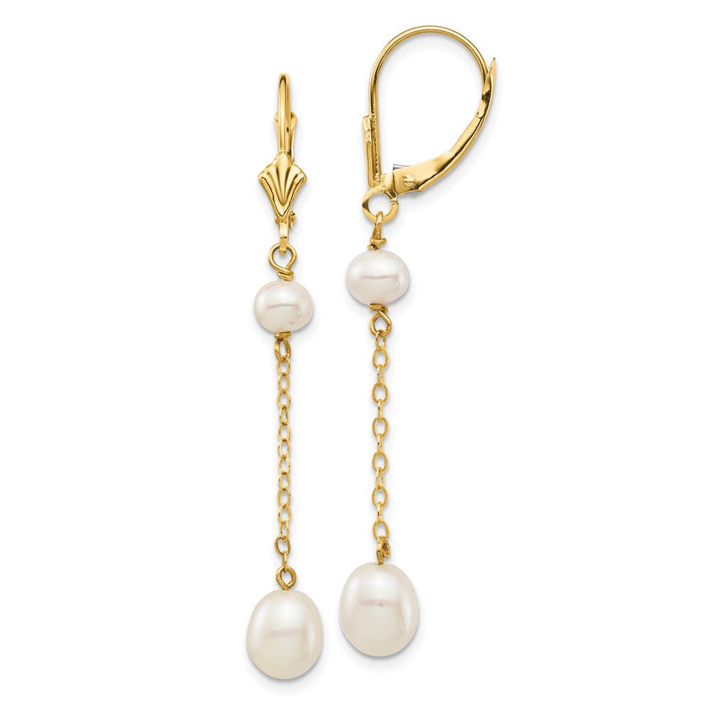 14K Yellow Gold 5-7mm White Rice FWC Pearl Leverback Earrings