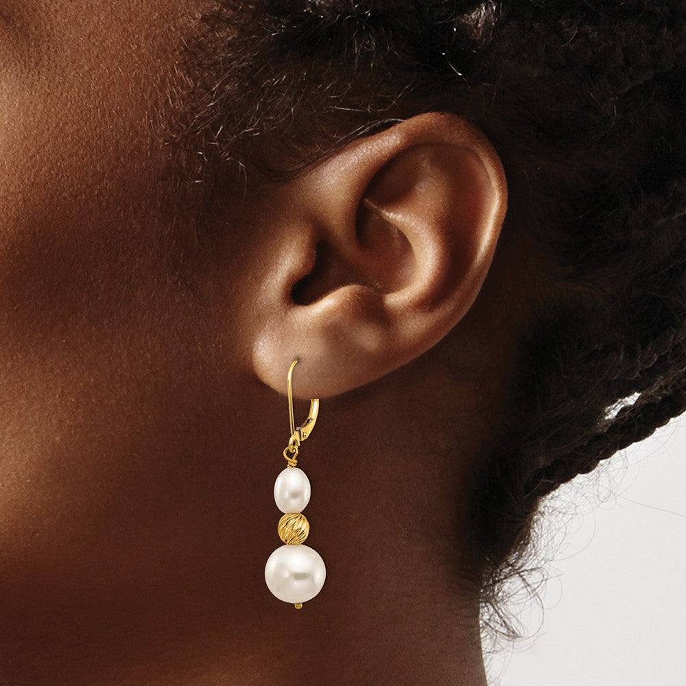 14K Yellow Gold 6-10mm White FWC Pearl Diamond-cut Bead Leverback Earrings