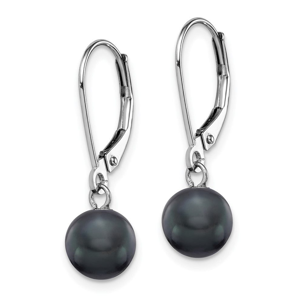 14K White Gold 7-8mm Black Round FWC Pearl Leverback Earrings