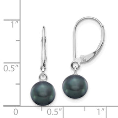 14K White Gold 7-8mm Black Round FWC Pearl Leverback Earrings