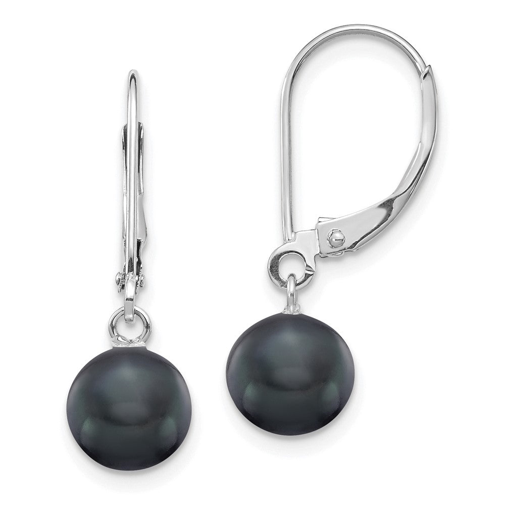 14K White Gold 7-8mm Black Round FWC Pearl Leverback Earrings