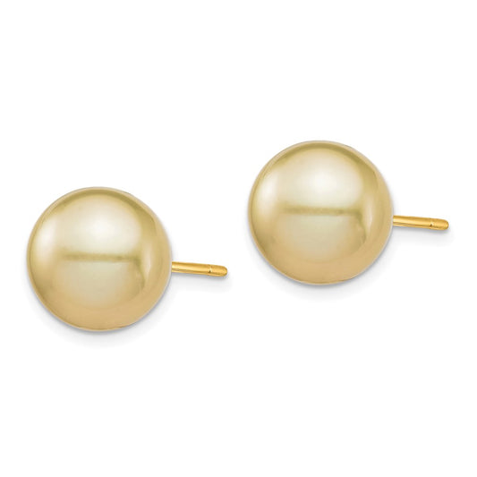 14K Yellow Gold 10-11mm Golden Round Saltwater Cultured South Sea Pearl Post Earrings