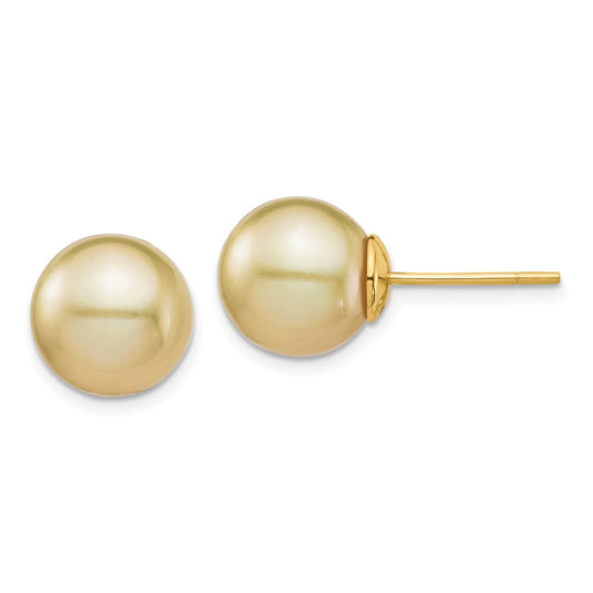 14K Yellow Gold 10-11mm Golden Round Saltwater Cultured South Sea Pearl Post Earrings