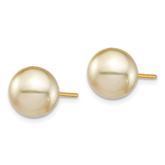 14K Yellow Gold 9-10mm Golden Round Saltwater Cultured South Sea Pearl Post Earrings