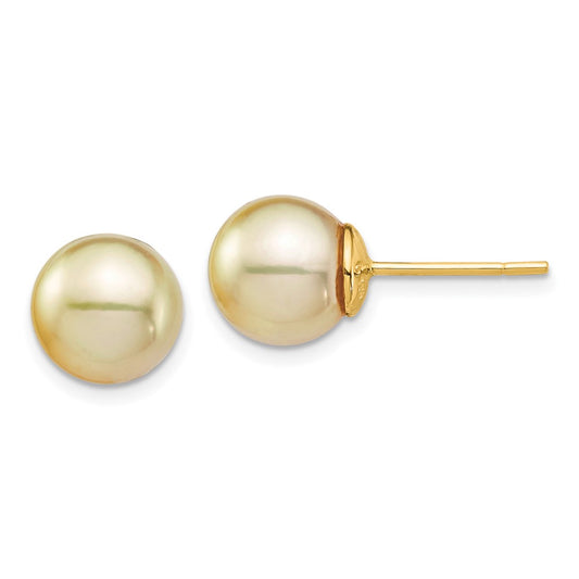 14K Yellow Gold 9-10mm Golden Round Saltwater Cultured South Sea Pearl Post Earrings