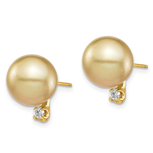 14K Yellow Gold 9-10mm Golden Saltwater Cultured South Sea Pearl .10ct Diamond Earrings