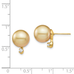 14K Yellow Gold 9-10mm Golden Saltwater Cultured South Sea Pearl .10ct Diamond Earrings