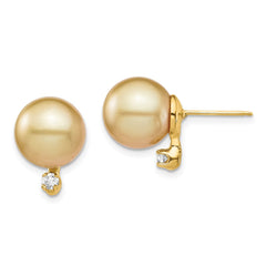 14K Yellow Gold 9-10mm Golden Saltwater Cultured South Sea Pearl .10ct Diamond Earrings