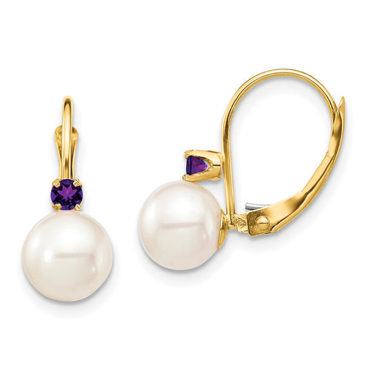 14K Yellow Gold 7-7.5mm White Round FWC Pearl Amethyst Leverback Earrings