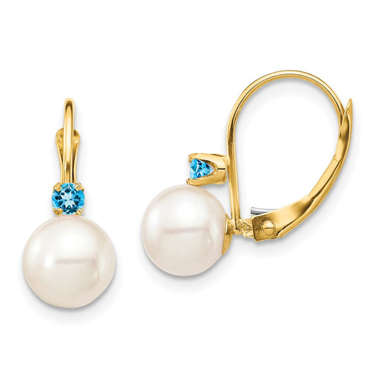 14K Yellow Gold 7-7.5mm White Round FWC Pearl Swiss Blue Topaz Leverback Earrings