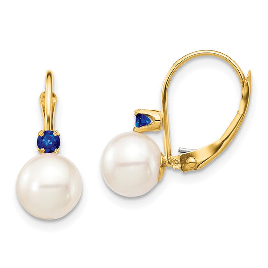 14K Yellow Gold 7-7.5mm White Round FWC Pearl Sapphire Leverback Earrings