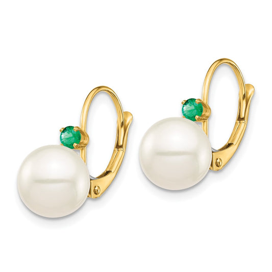 14K Yellow Gold 8-8.5mm White Round FWC Pearl Emerald Leverback Earrings