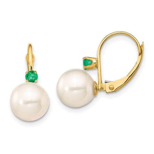 14K Yellow Gold 8-8.5mm White Round FWC Pearl Emerald Leverback Earrings