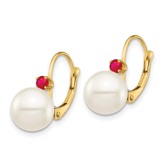 14K Yellow Gold 8-8.5mm White Round FWC Pearl Ruby Leverback Earrings