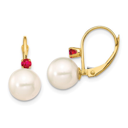 14K Yellow Gold 8-8.5mm White Round FWC Pearl Ruby Leverback Earrings