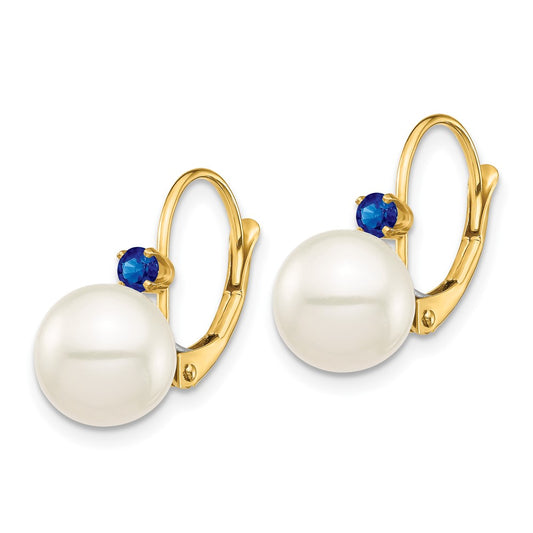 14K Yellow Gold 8-8.5mm White Round FWC Pearl Sapphire Leverback Earrings