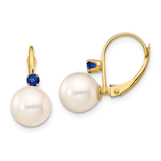 14K Yellow Gold 8-8.5mm White Round FWC Pearl Sapphire Leverback Earrings