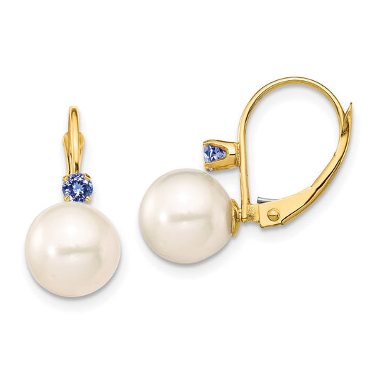 14K Yellow Gold 8-8.5mm White Round FWC Pearl Tanzanite Leverback Earrings