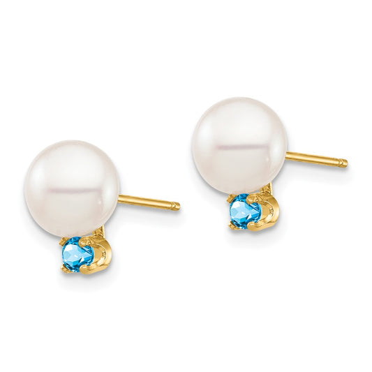 14K Yellow Gold 7-7.5mm White Round FWC Pearl Swiss Blue Topaz Post Earrings