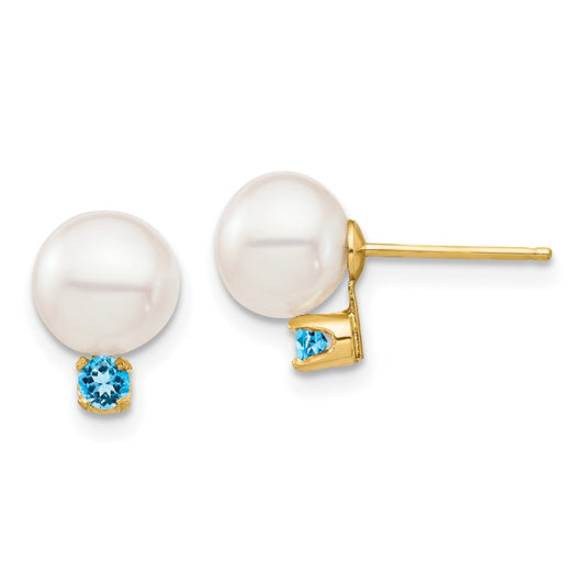 14K Yellow Gold 7-7.5mm White Round FWC Pearl Swiss Blue Topaz Post Earrings