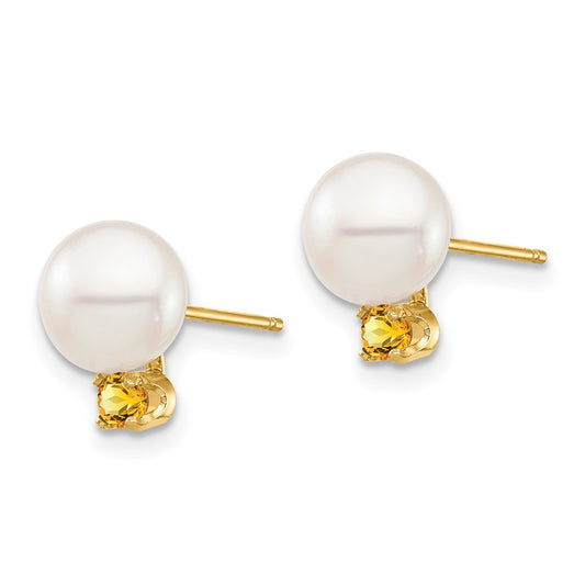 14K Yellow Gold 7-7.5mm White Round FWC Pearl Citrine Post Earrings