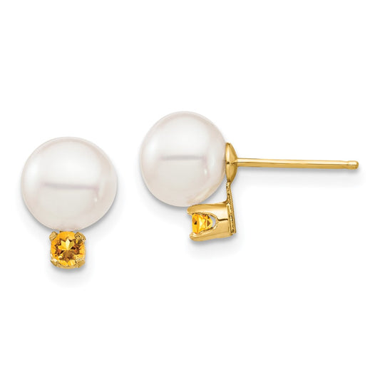 14K Yellow Gold 7-7.5mm White Round FWC Pearl Citrine Post Earrings