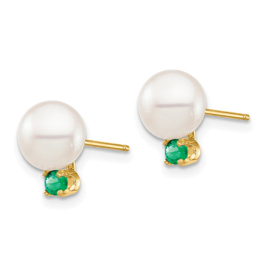 14K Yellow Gold 7-7.5mm White Round FWC Pearl Emerald Post Earrings