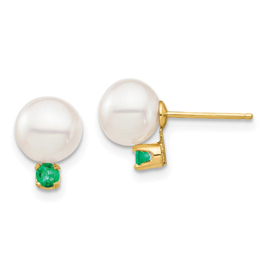 14K Yellow Gold 7-7.5mm White Round FWC Pearl Emerald Post Earrings