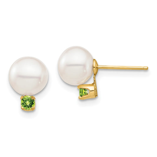 14K Yellow Gold 7-7.5mm White Round FWC Pearl Peridot Post Earrings