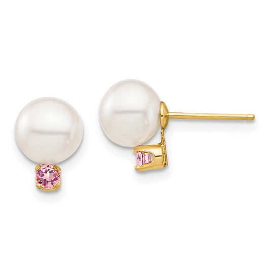 14K Yellow Gold 7-7.5mm White Round FWC Pearl Pink Topaz Post Earrings