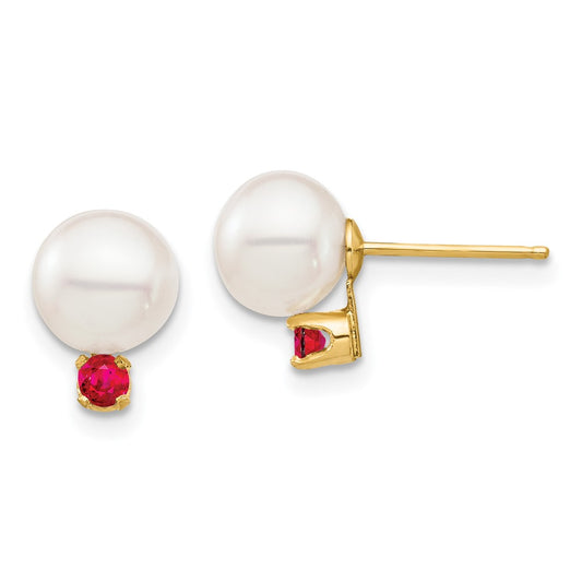 14K Yellow Gold 7-7.5mm White Round FWC Pearl Ruby Post Earrings