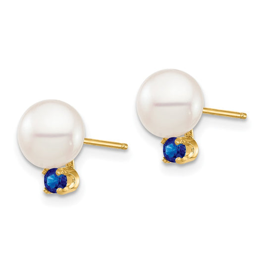 14K Yellow Gold 7-7.5mm White Round FWC Pearl Sapphire Post Earrings