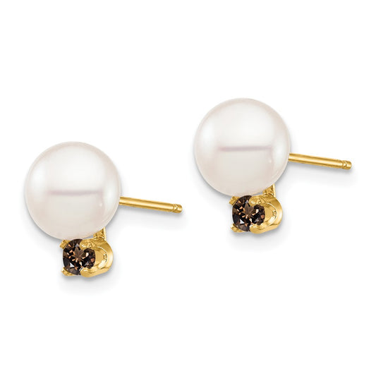 14K Yellow Gold 7-7.5mm White Round FWC Pearl Smokey Quartz Post Earrings