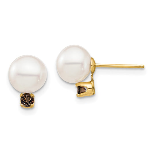 14K Yellow Gold 7-7.5mm White Round FWC Pearl Smokey Quartz Post Earrings